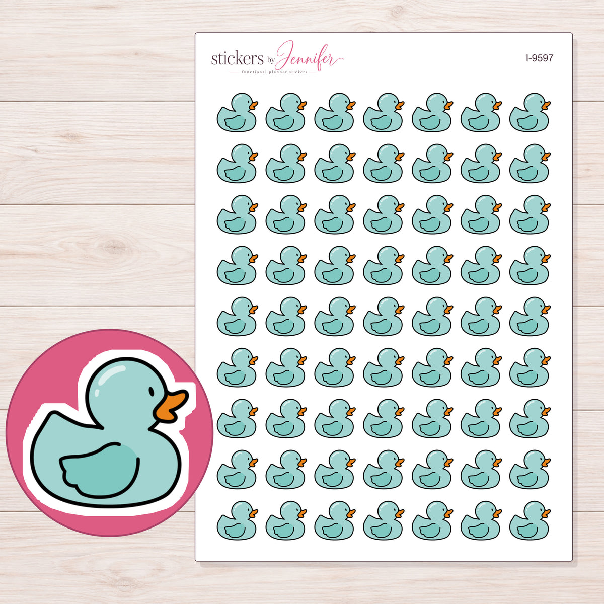 Mint Rubber Duck Planner Stickers | I-9597 — 5 × 7 inch sheet and enlarged sticker detail