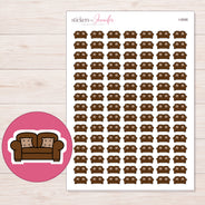 Brown Sofa Planner Stickers | I-9598 — 5 × 7 inch sheet and enlarged sticker detail
