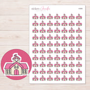 Pink School Building Planner Stickers | I-9599 — 5 × 7 inch sheet and enlarged sticker detail