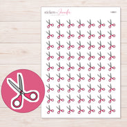 Pink Handle Scissors Planner Stickers | I-9601 — 5 × 7 inch sheet and enlarged sticker detail