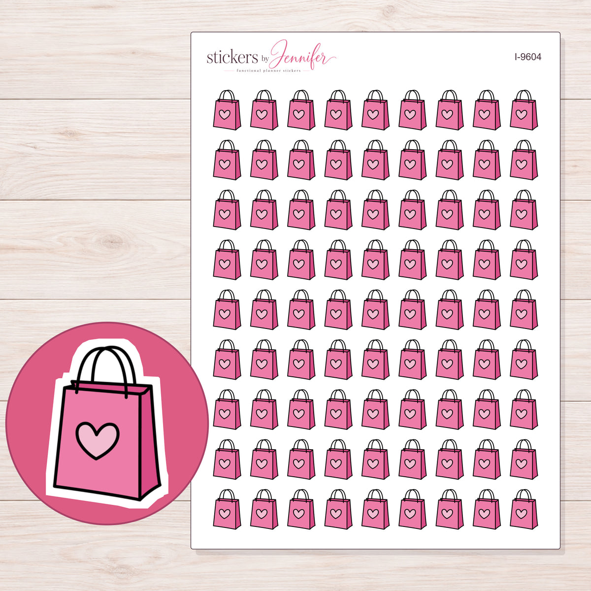 Pink Heart Shopping Bag Planner Stickers | I-9604 — 5 × 7 inch sheet and enlarged sticker detail