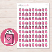 Pink Heart Shopping Bag Planner Stickers | I-9604 — 5 × 7 inch sheet and enlarged sticker detail
