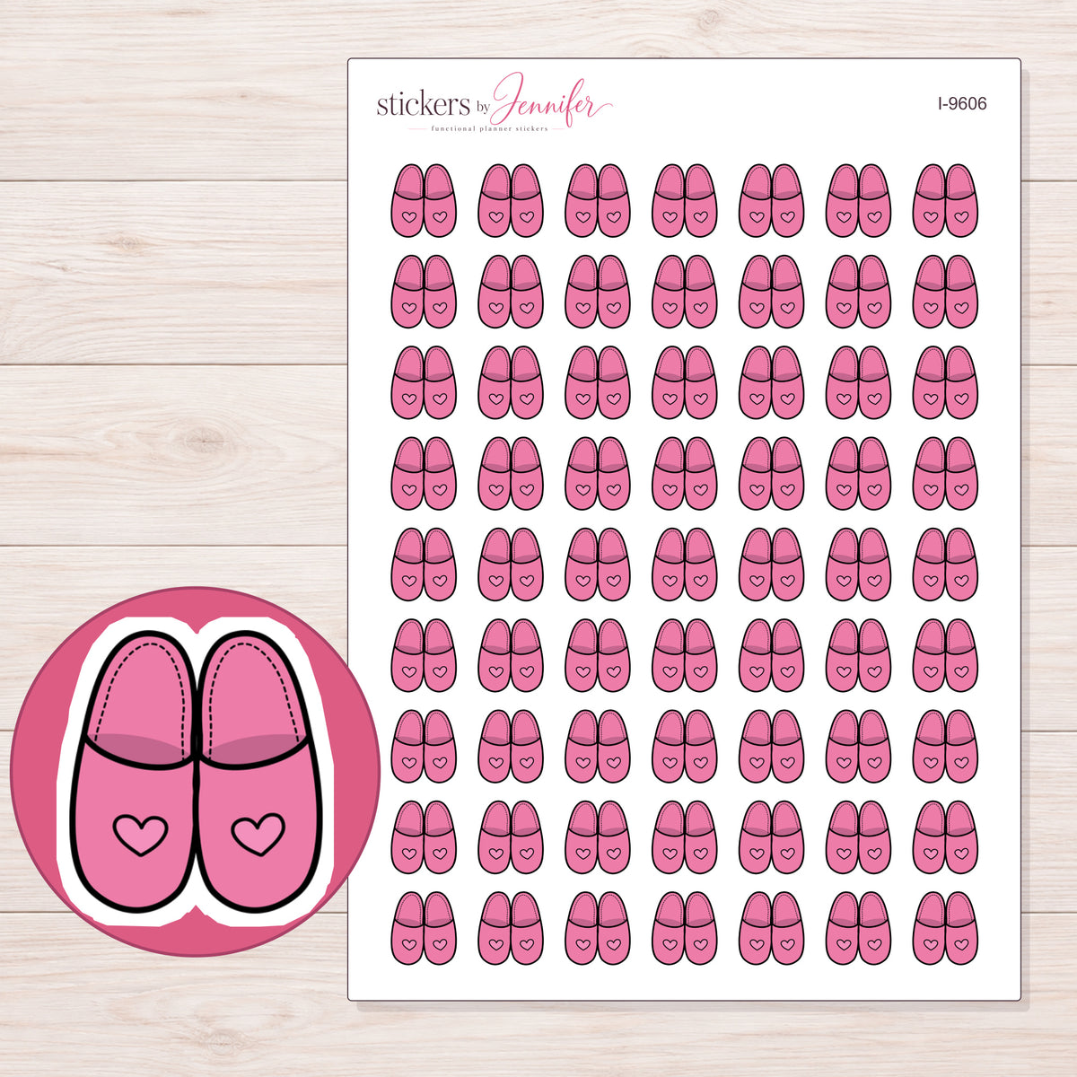 Pink Heart Slippers Planner Stickers | I-9606 — 5 × 7 inch sheet and enlarged sticker detail