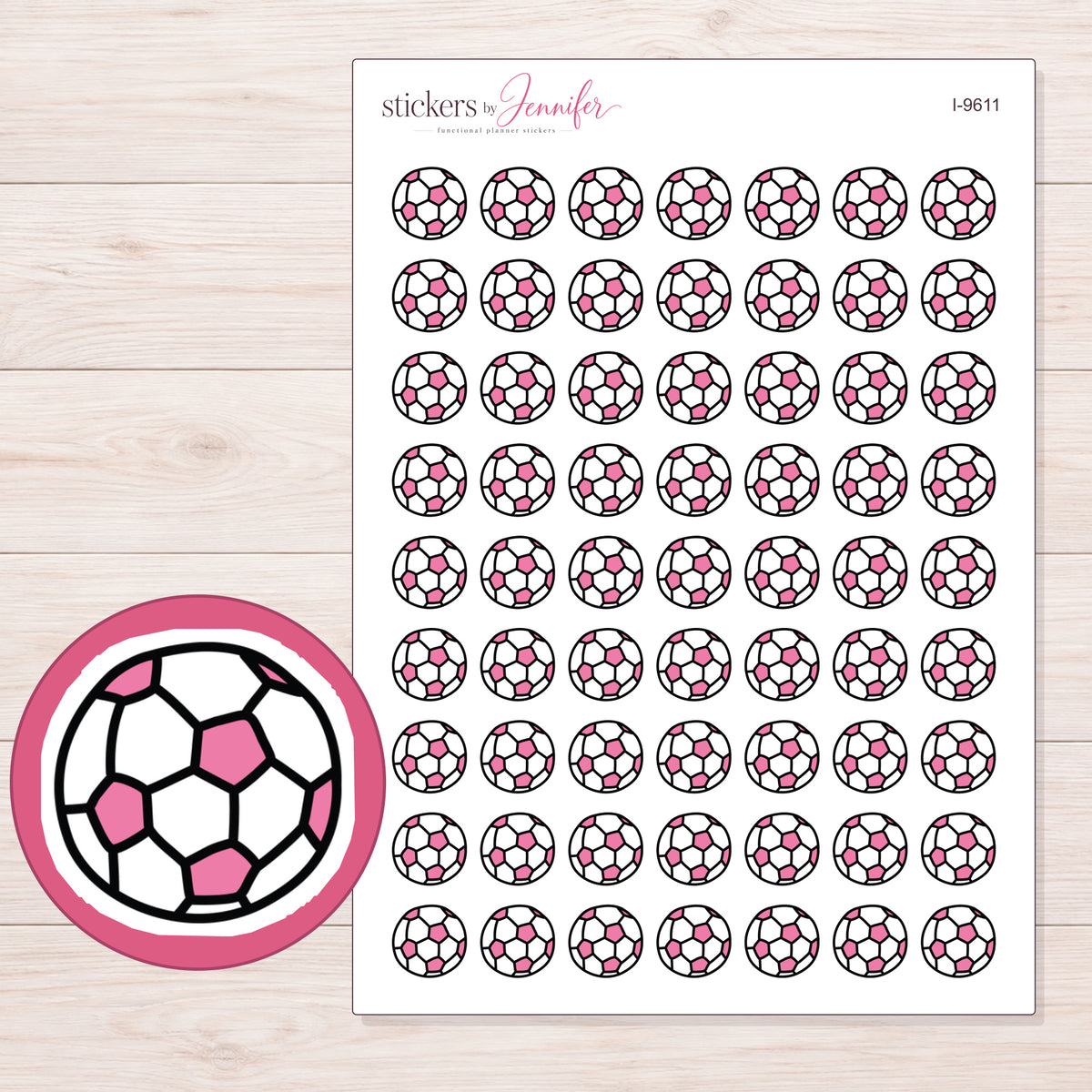 Pink Soccer Ball Planner Stickers | I-9611 — 5 × 7 inch sheet and enlarged sticker detail