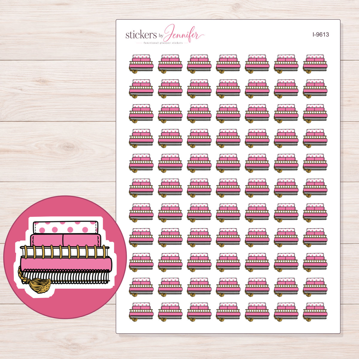 Stack of Pink Planners Planner Stickers | I-9613 — 5 × 7 inch sheet and enlarged sticker detail