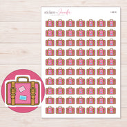 Pink Travel Suitcase Planner Stickers | I-9616 — 5 × 7 inch sheet and enlarged sticker detail