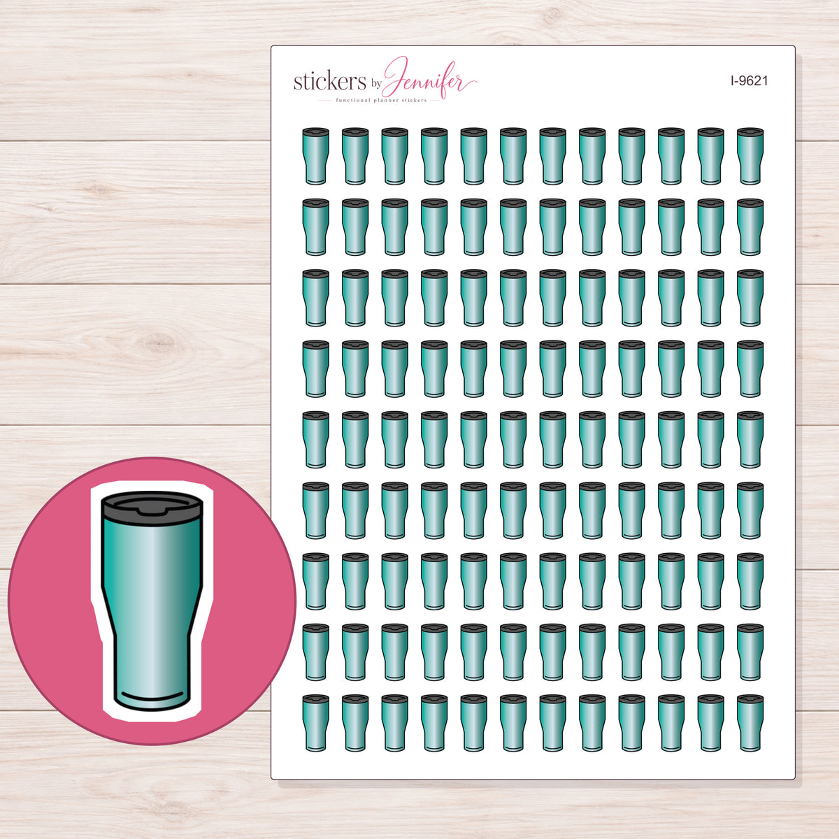 Teal Travel Tumbler Planner Stickers | I-9621 — 5 × 7 inch sheet and enlarged sticker detail