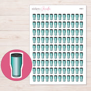 Teal Travel Tumbler Planner Stickers | I-9621 — 5 × 7 inch sheet and enlarged sticker detail