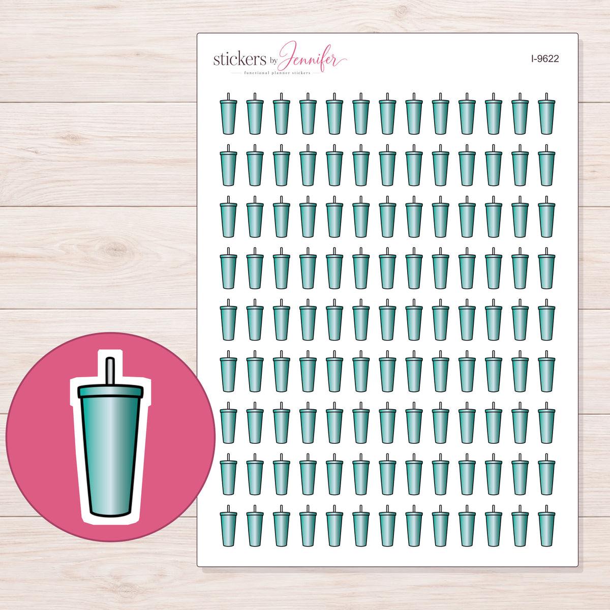 Teal Tumbler with Straw Planner Stickers | I-9622 — 5 × 7 inch sheet and enlarged sticker detail