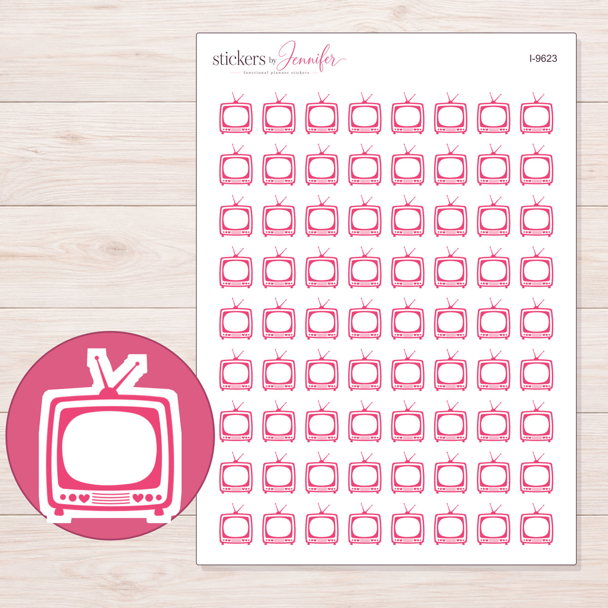Pink Outline Retro Television Planner Stickers | I-9623 — 5 × 7 inch sheet and enlarged sticker detail