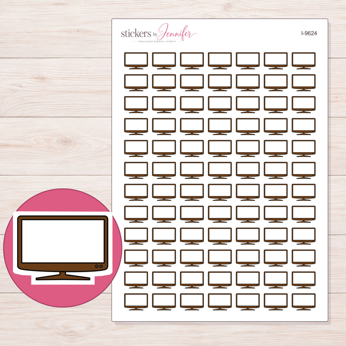 Brown Flat Screen Television Planner Stickers | I-9624 — 5 × 7 inch sheet and enlarged sticker detail