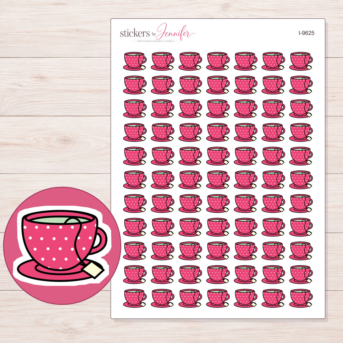 Pink Polka Dot Teacup Planner Stickers | I-9625 — 5 × 7 inch sheet and enlarged sticker detail