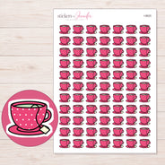 Pink Polka Dot Teacup Planner Stickers | I-9625 — 5 × 7 inch sheet and enlarged sticker detail
