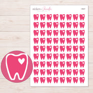 Pink Heart Tooth Planner Stickers | I-9627 — 5 × 7 inch sheet and enlarged sticker detail