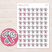 Pink Hammer and Wrench Planner Stickers | I-9633 — 5 × 7 inch sheet and enlarged sticker detail