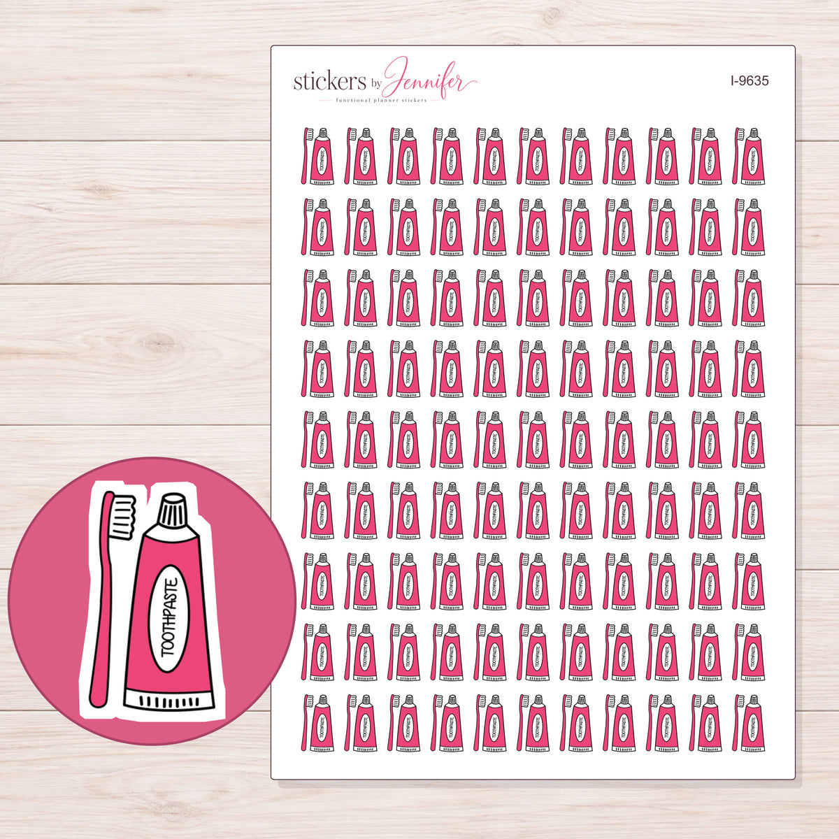 Pink Toothpaste and Brush Planner Stickers | I-9635 — 5 × 7 inch sheet and enlarged sticker detail