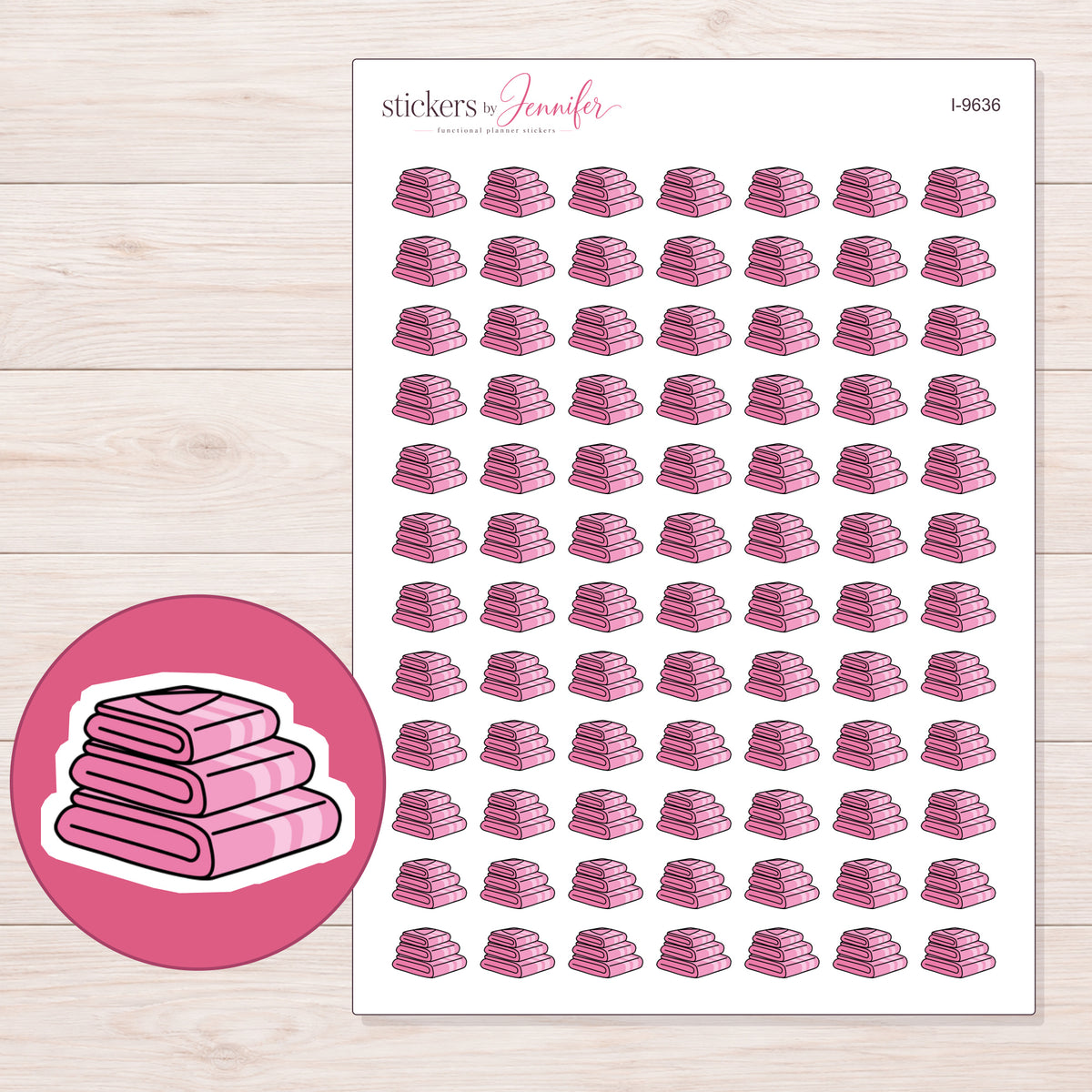 Stack of Pink Towels Planner Stickers | I-9636 — 5 × 7 inch sheet and enlarged sticker detail