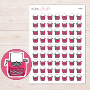 Pink Typewriter Planner Stickers | I-9638 — 5 × 7 inch sheet and enlarged sticker detail