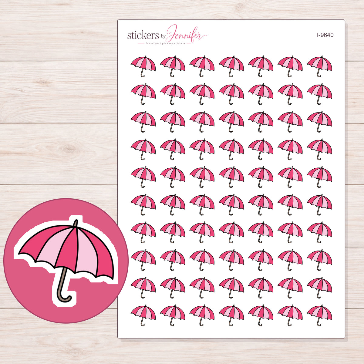 Pink Umbrella Planner Stickers | I-9640 — 5 × 7 inch sheet and enlarged sticker detail