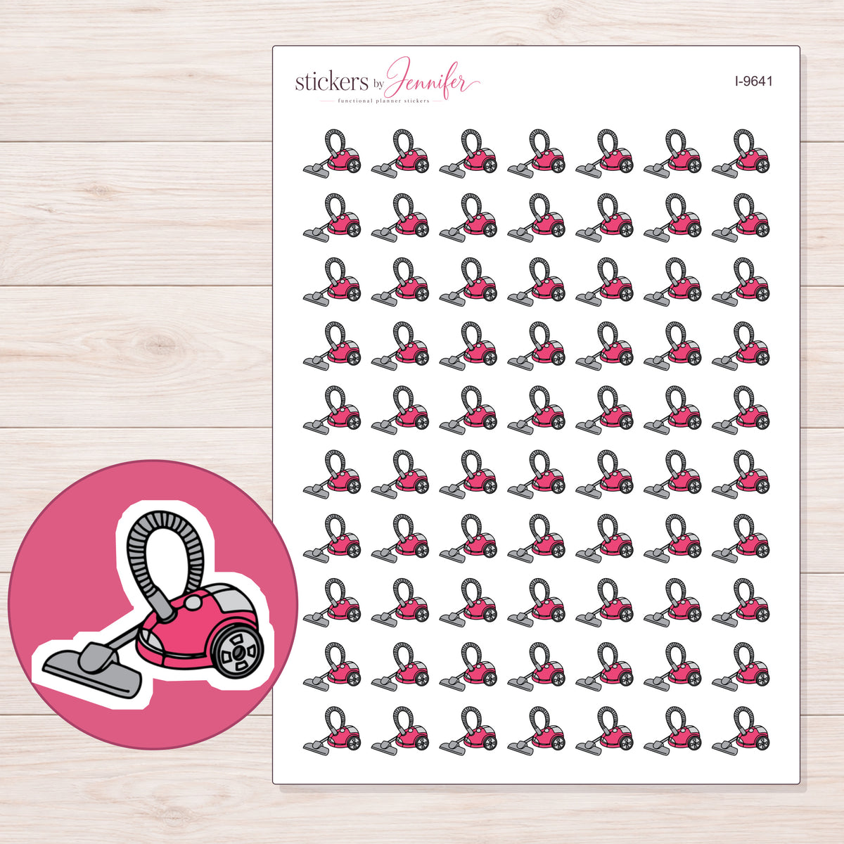 Pink Canister Vacuum Planner Stickers | I-9641 — 5 × 7 inch sheet and enlarged sticker detail