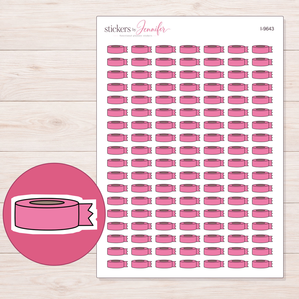 Pink Washi Roll with Loose End Planner Stickers | I-9643 — 5 × 7 inch sheet and enlarged sticker detail