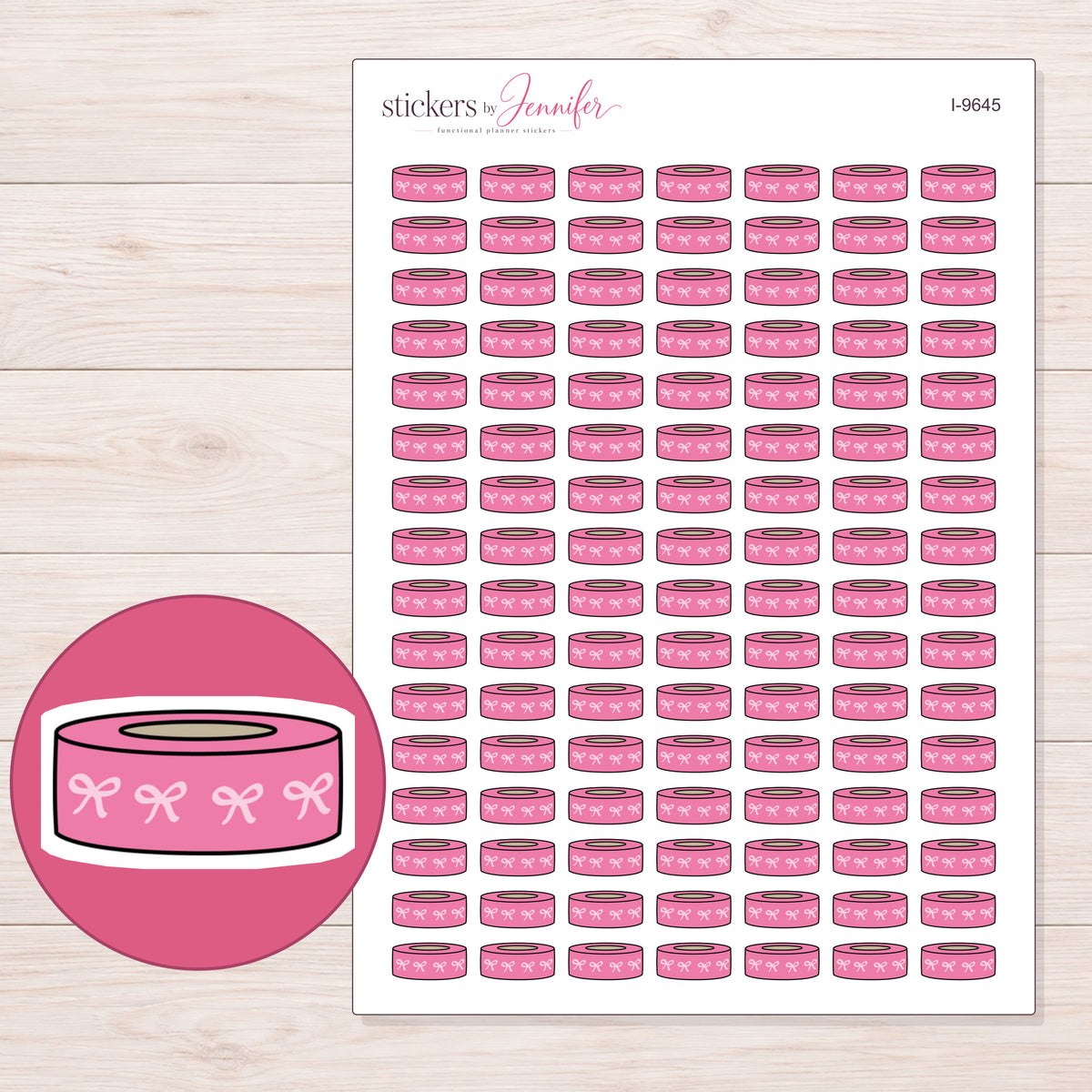 Pink Bow Pattern Washi Roll Planner Stickers | I-9645 — 5 × 7 inch sheet and enlarged sticker detail