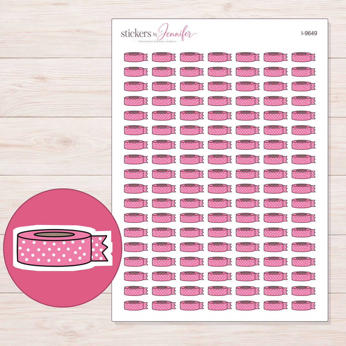 Pink Dotted Washi with Loose End Planner Stickers | I-9649 — 5 × 7 inch sheet and enlarged sticker detail
