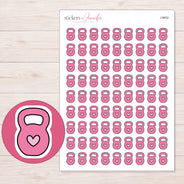 Pink Heart Kettlebell Planner Stickers | I-9652 — 5 × 7 inch sheet and enlarged sticker detail