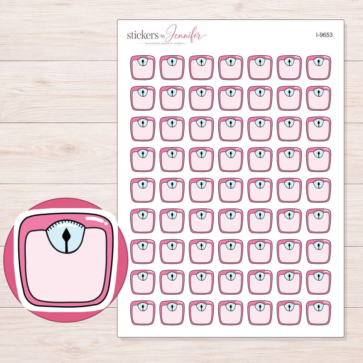 Pink Bathroom Scale Planner Stickers | I-9653 — 5 × 7 inch sheet and enlarged sticker detail