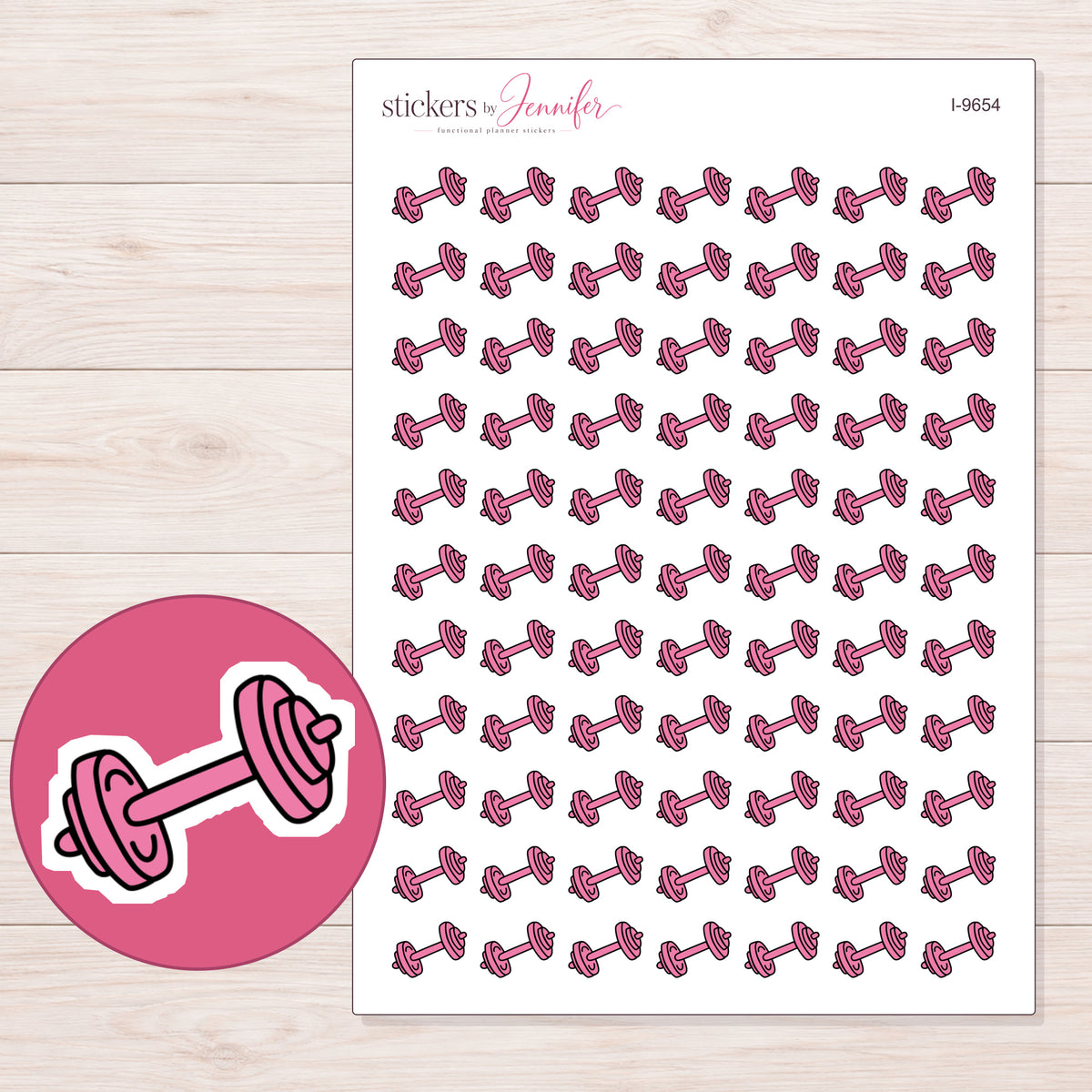Pink Dumbbell Planner Stickers | I-9654 — 5 × 7 inch sheet and enlarged sticker detail