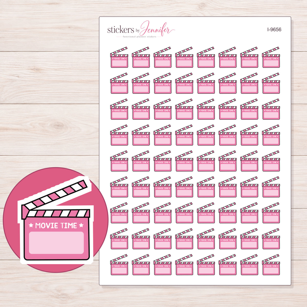 Pink Movie Time Clapperboard Planner Stickers | I-9656 — 5 × 7 inch sheet and enlarged sticker detail