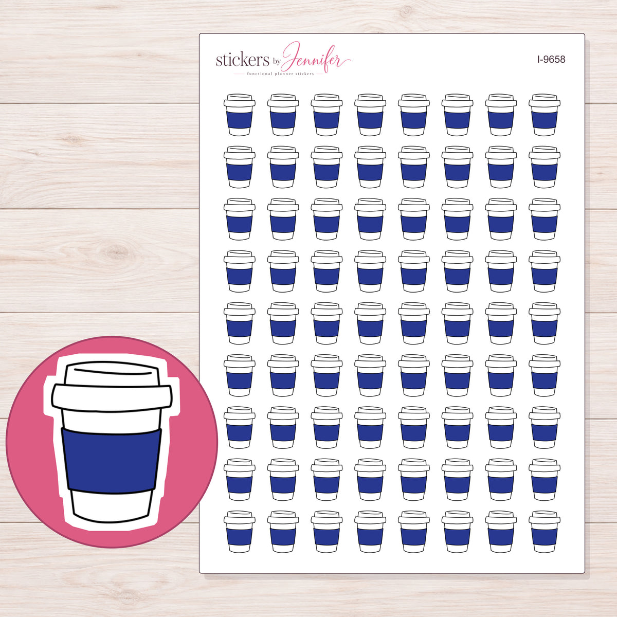 Navy Sleeve Coffee Cup Planner Stickers | I-9658 — 5 × 7 inch sheet and enlarged sticker detail