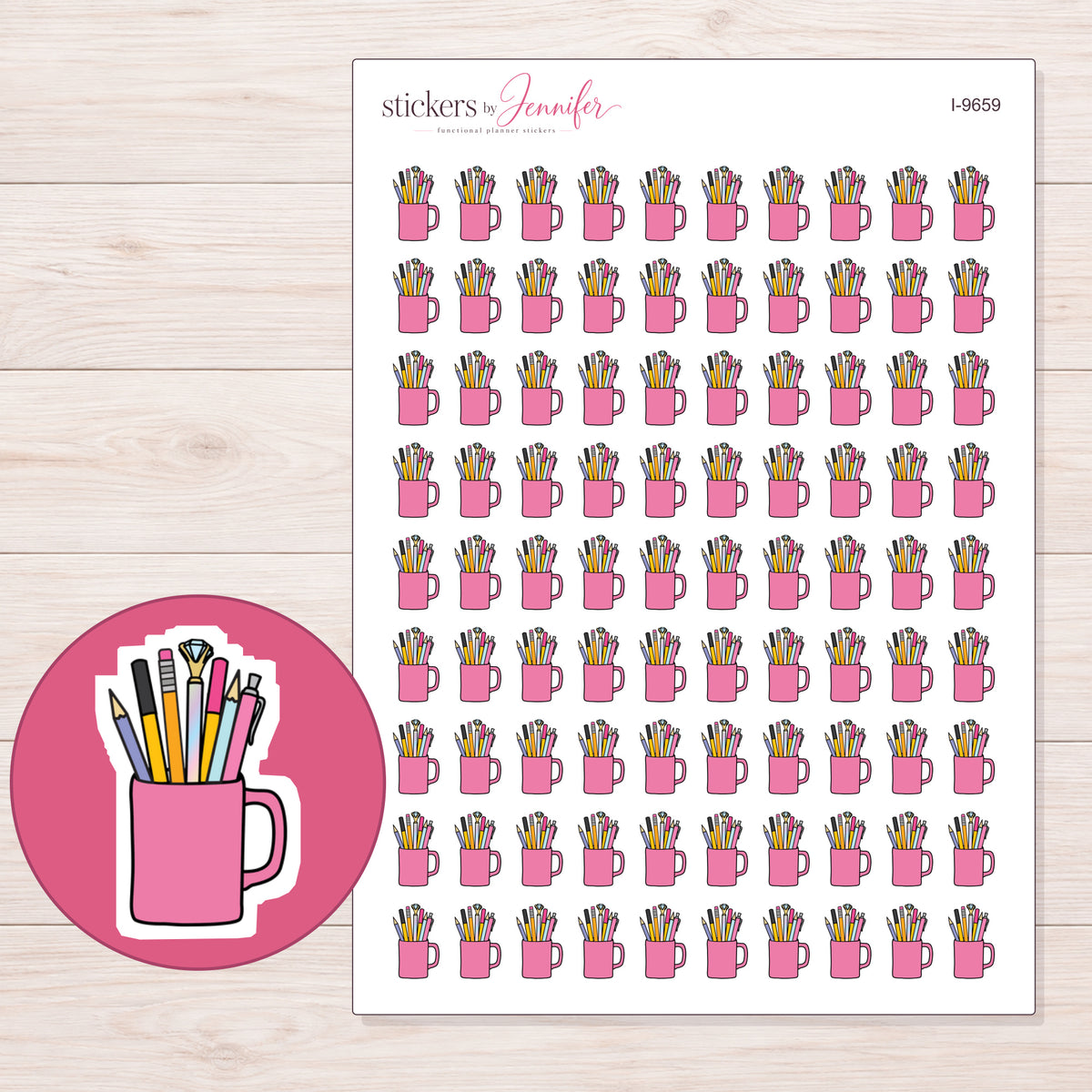 Pink Pencil Cup Planner Stickers | I-9659 — 5 × 7 inch sheet and enlarged sticker detail