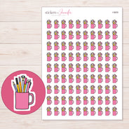 Pink Pencil Cup Planner Stickers | I-9659 — 5 × 7 inch sheet and enlarged sticker detail
