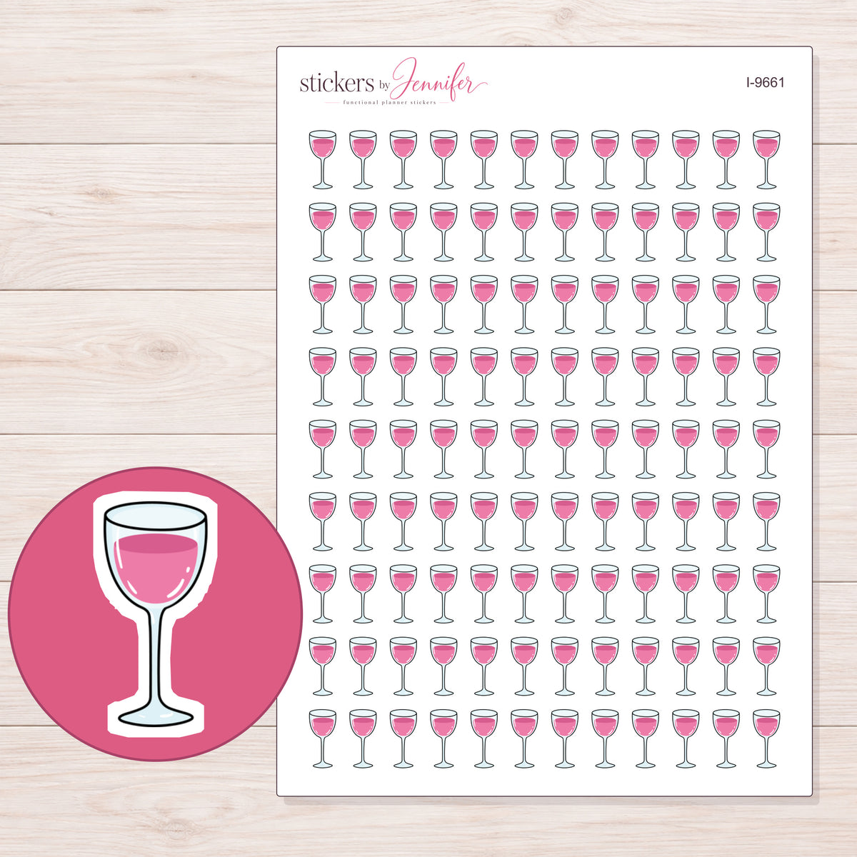 Pink Wine Glass Planner Stickers | I-9661 — 5 × 7 inch sheet and enlarged sticker detail