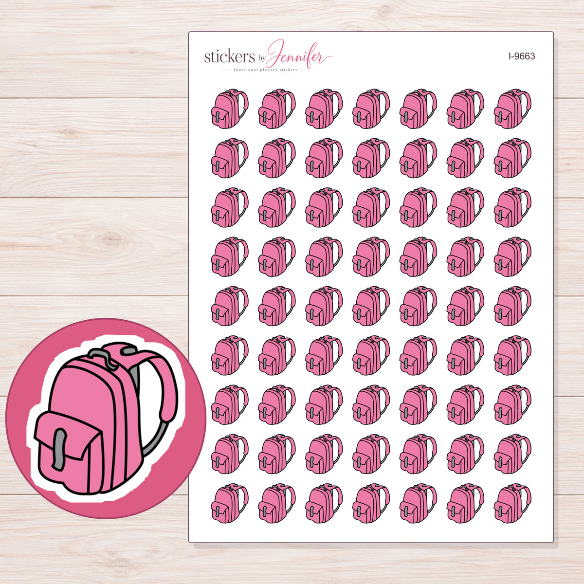 Pink School Backpack Planner Stickers | I-9663 — 5 × 7 inch sheet and enlarged sticker detail