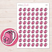 Pink School Backpack Planner Stickers | I-9663 — 5 × 7 inch sheet and enlarged sticker detail