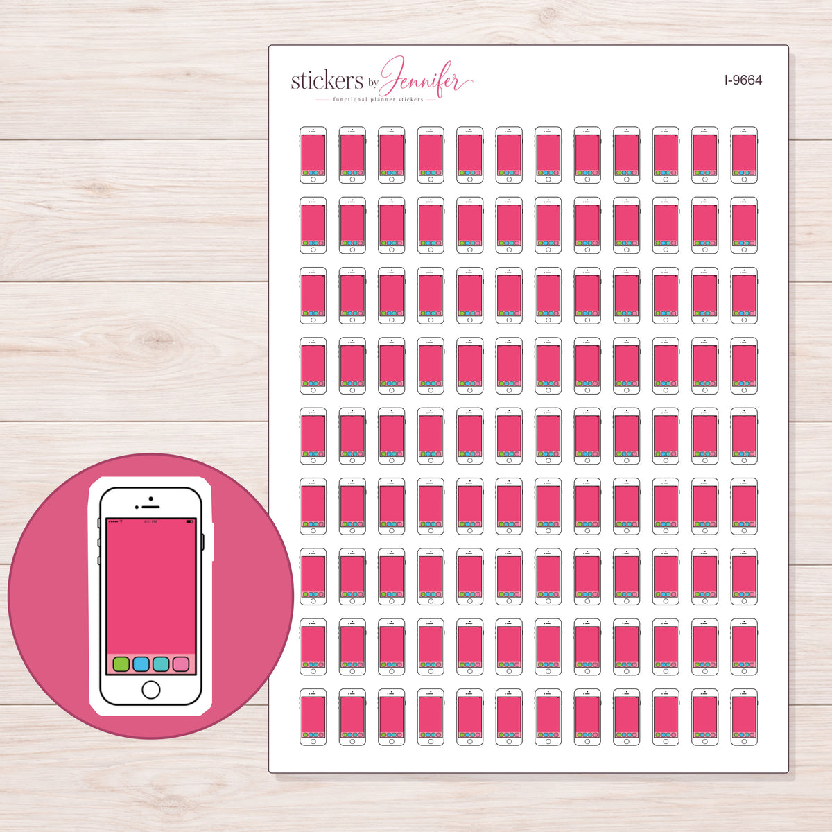 Pink Screen Smartphone with App Icons Planner Stickers | I-9664 — 5 × 7 inch sheet and enlarged sticker detail