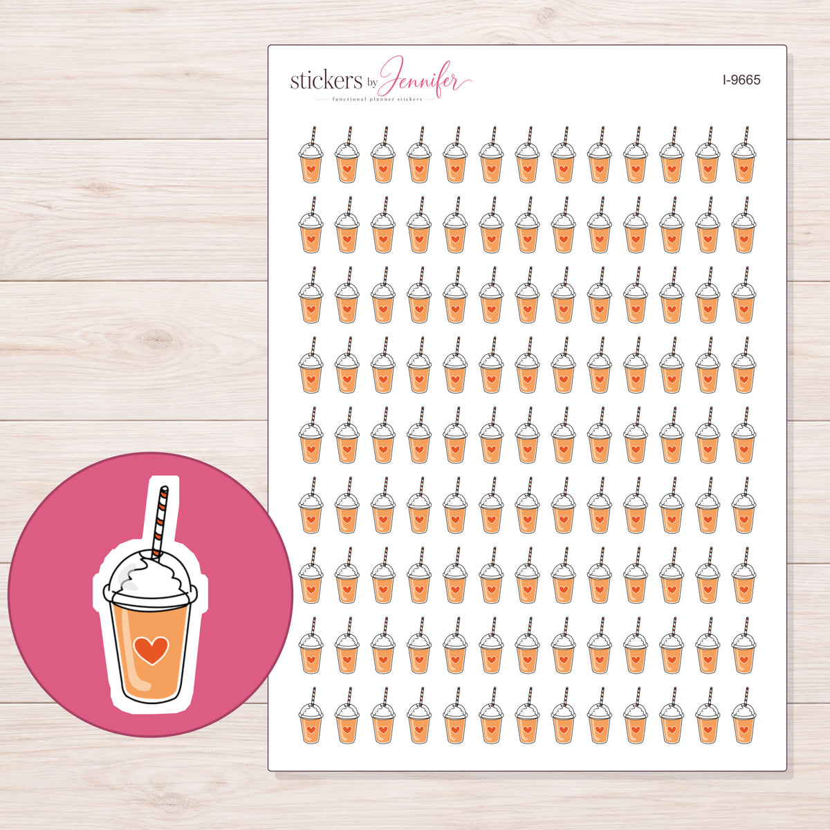 Orange Heart Smoothie Planner Stickers | I-9665 — 5 × 7 inch sheet and enlarged sticker detail