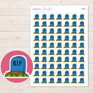 Blue RIP Gravestone Planner Stickers | I-9668 — 5 × 7 inch sheet and enlarged sticker detail