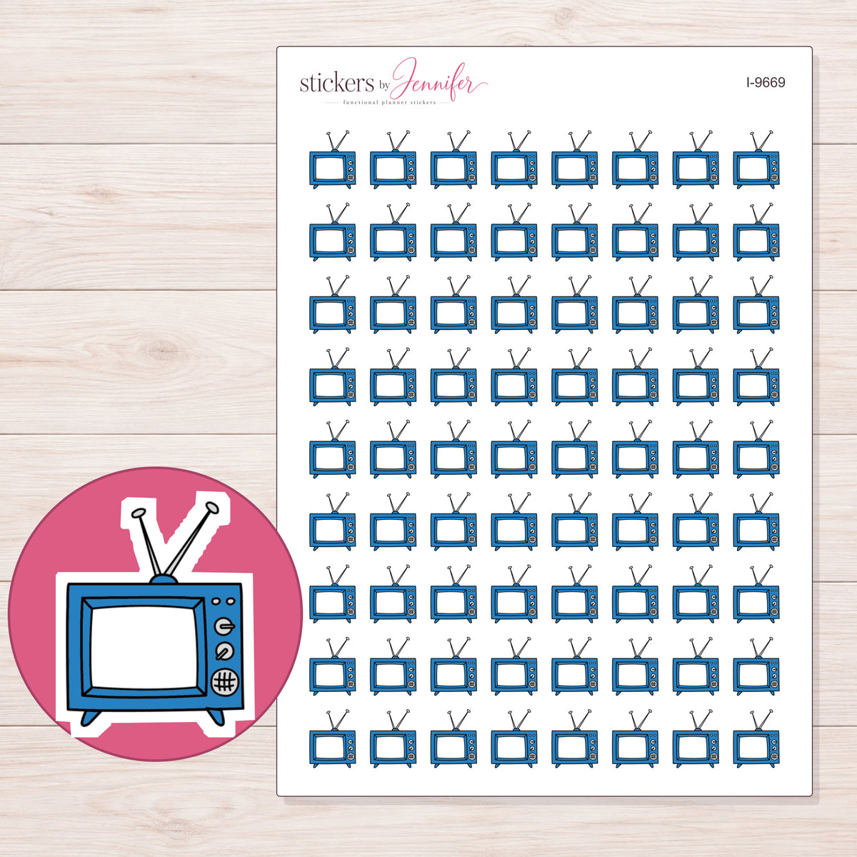 Blue Retro Television Planner Stickers | I-9669 — 5 × 7 inch sheet and enlarged sticker detail