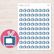 Blue Retro Television Planner Stickers | I-9669 — 5 × 7 inch sheet and enlarged sticker detail