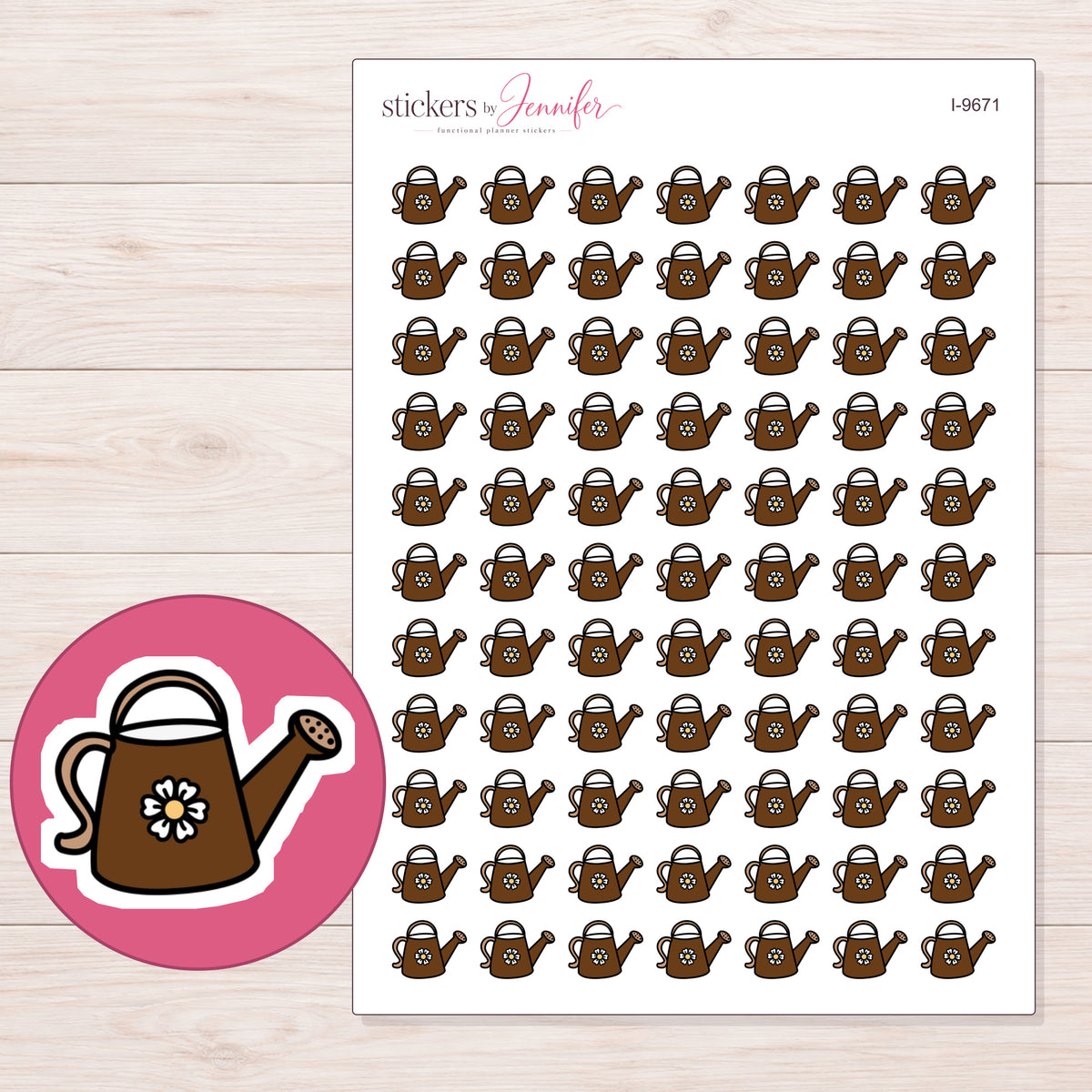 Brown Flower Watering Can Planner Stickers | I-9671 — 5 × 7 inch sheet and enlarged sticker detail