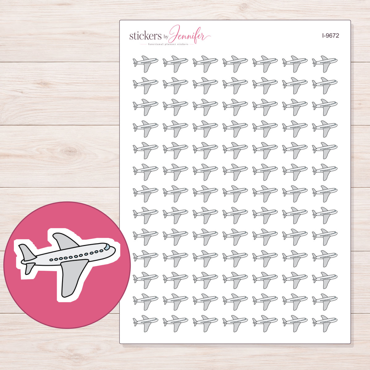 Gray Doodle Airplane Planner Stickers | I-9672 — 5 × 7 inch sheet and enlarged sticker detail