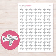 Gray Doodle Airplane Planner Stickers | I-9672 — 5 × 7 inch sheet and enlarged sticker detail