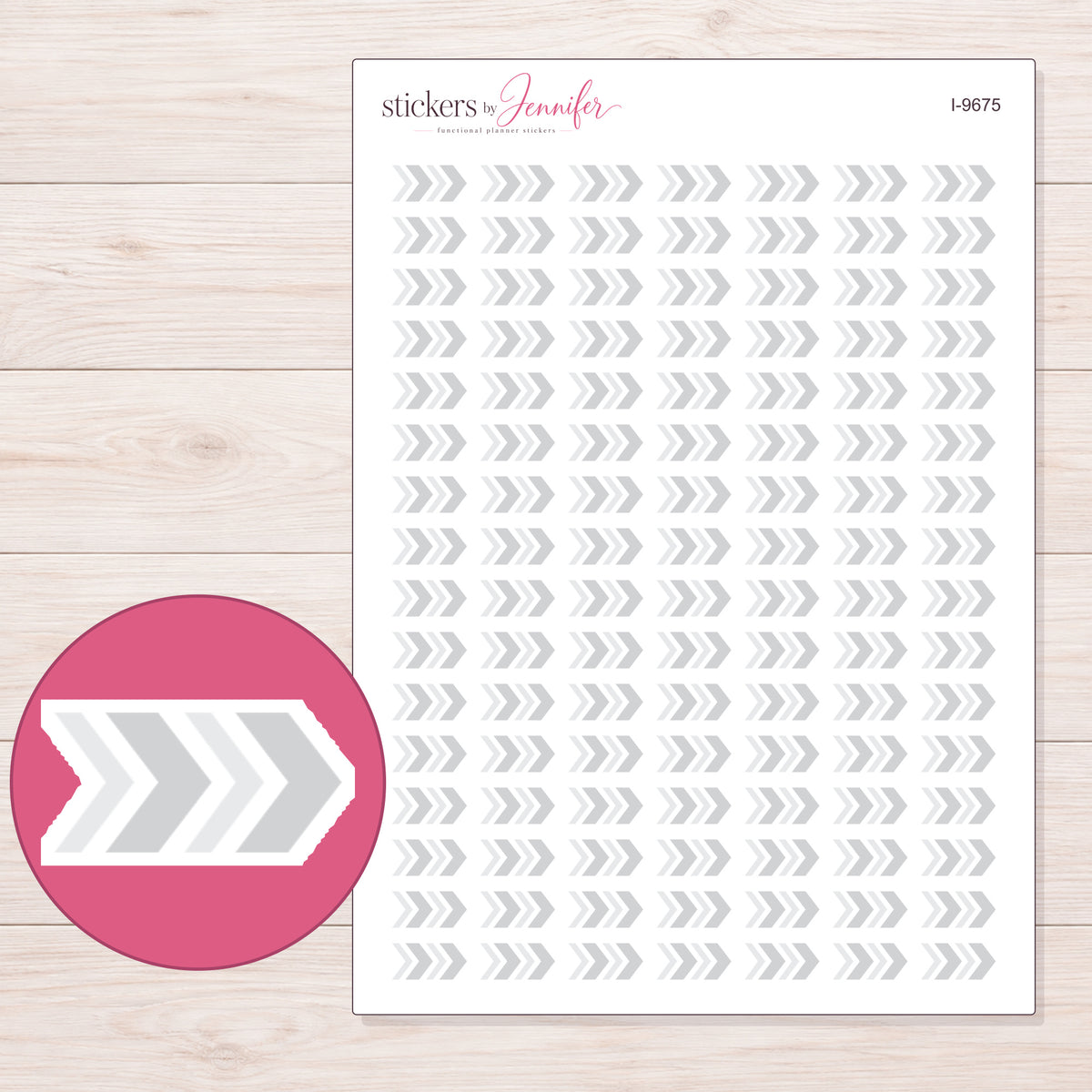 Light Gray Chevron Arrows Planner Stickers | I-9675 — 5 × 7 inch sheet and enlarged sticker detail