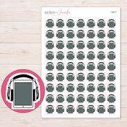 Charcoal Audiobook Headphones Planner Stickers | I-9677 — 5 × 7 inch sheet and enlarged sticker detail