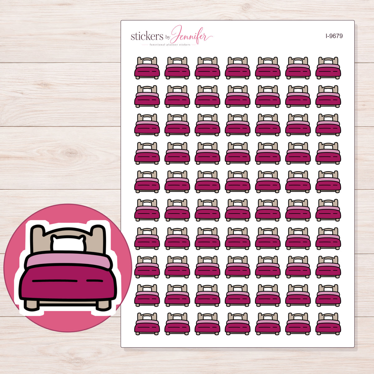 Magenta Bed Planner Stickers | I-9679 — 5 × 7 inch sheet and enlarged sticker detail