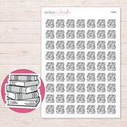 Gray Stacked Books Planner Stickers | I-9680 — 5 × 7 inch sheet and enlarged sticker detail