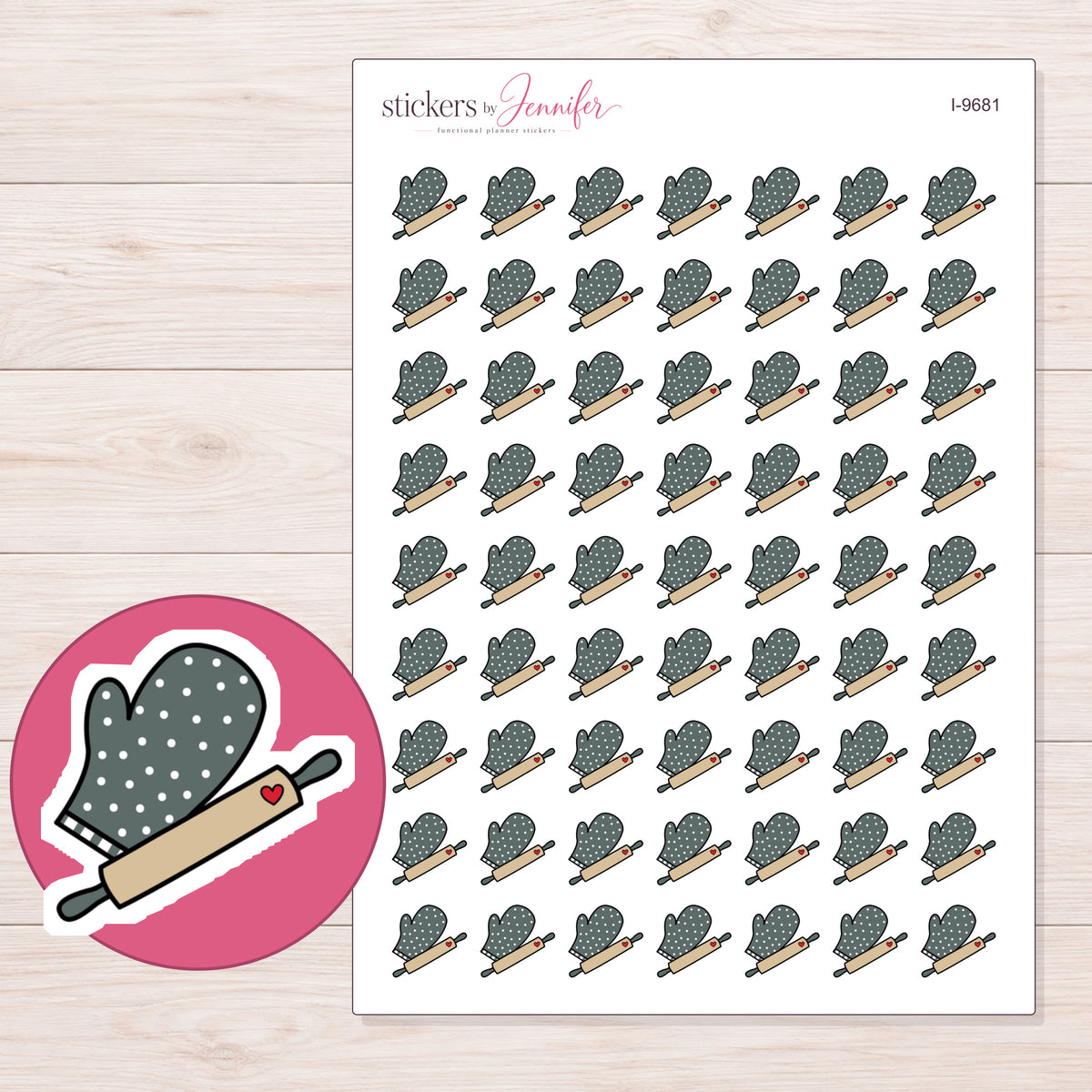 Charcoal Oven Mitt and Rolling Pin Planner Stickers | I-9681 — 5 × 7 inch sheet and enlarged sticker detail